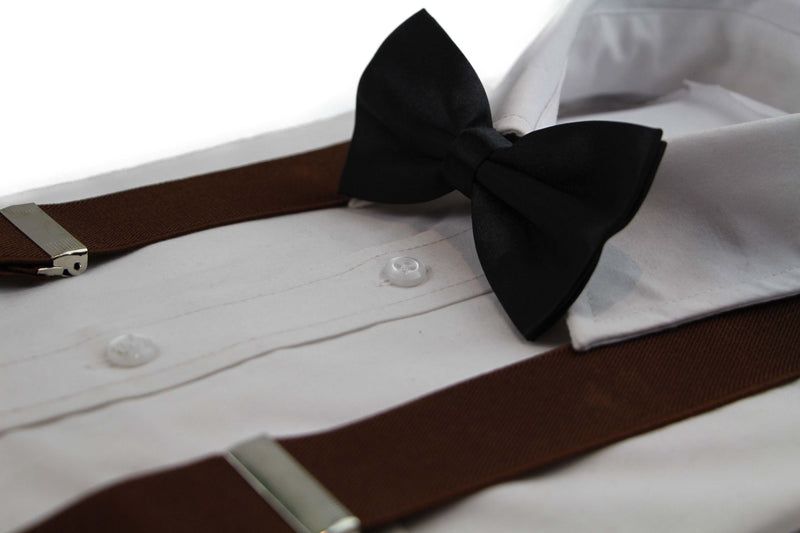 Mens Brown 100cm Wide Suspenders & Black Bow Tie Set