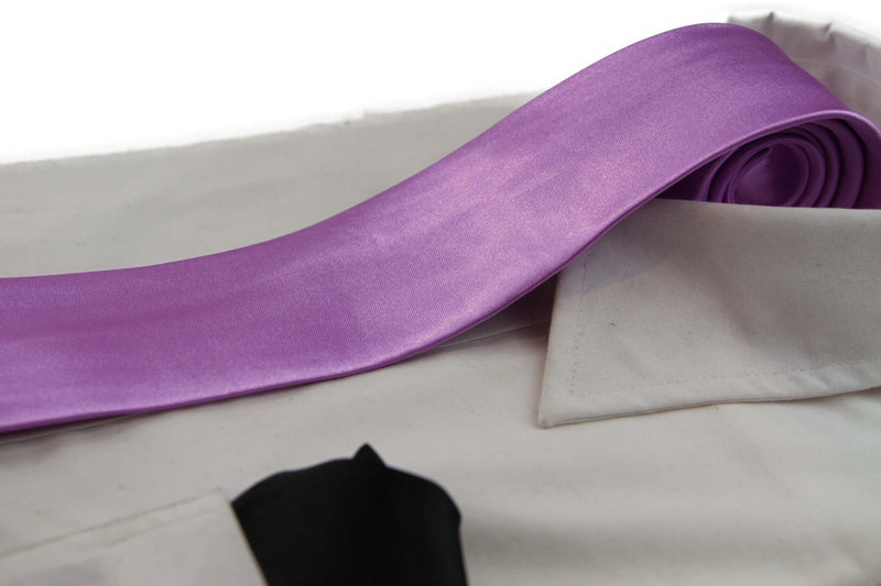 Mens Light Purple 8cm Neck Tie & Black Pocket Square Set