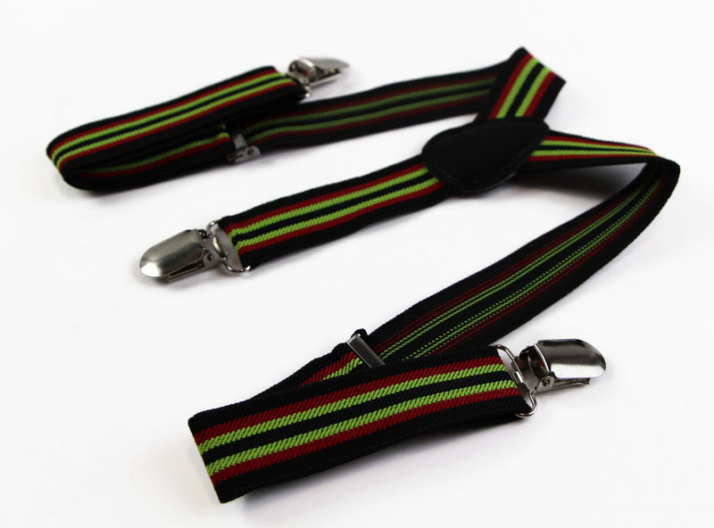Boys Adjustable Black, Red & Lime Green Striped Patterned Suspenders - Zasel Home of Big Brands