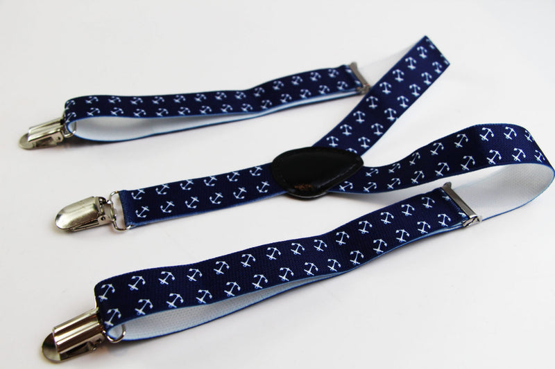 Boys Adjustable Navy With White Anchors Patterned Suspenders