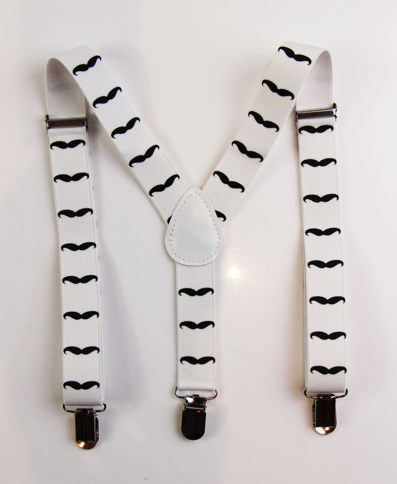 Boys Adjustable White With Black Moustaches Patterned Suspenders - Zasel Home of Big Brands