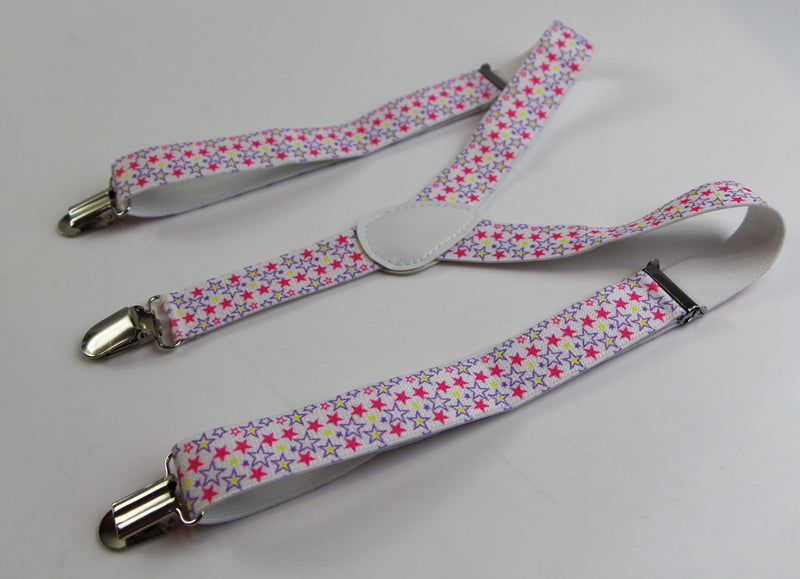 Boys Adjustable White With Purple, Yellow & Pink Stars Patterned Suspenders - Zasel Home of Big Brands