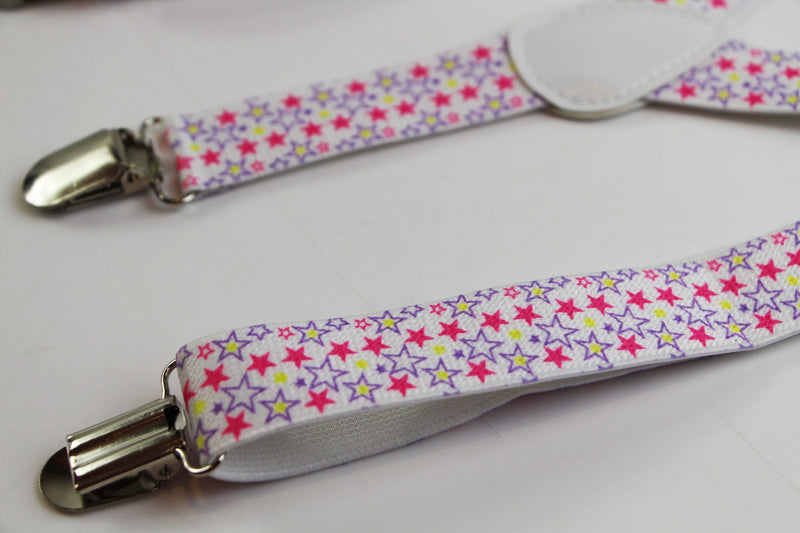 Boys Adjustable White With Purple, Yellow & Pink Stars Patterned Suspenders - Zasel Home of Big Brands