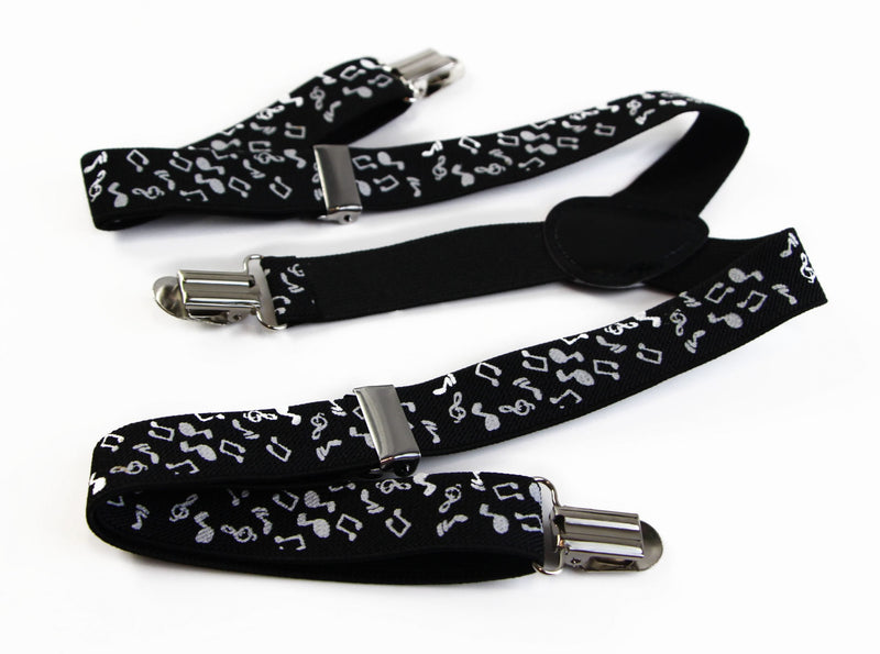 Boys Adjustable Black With White Musical Notes Patterned Suspenders - Zasel Home of Big Brands