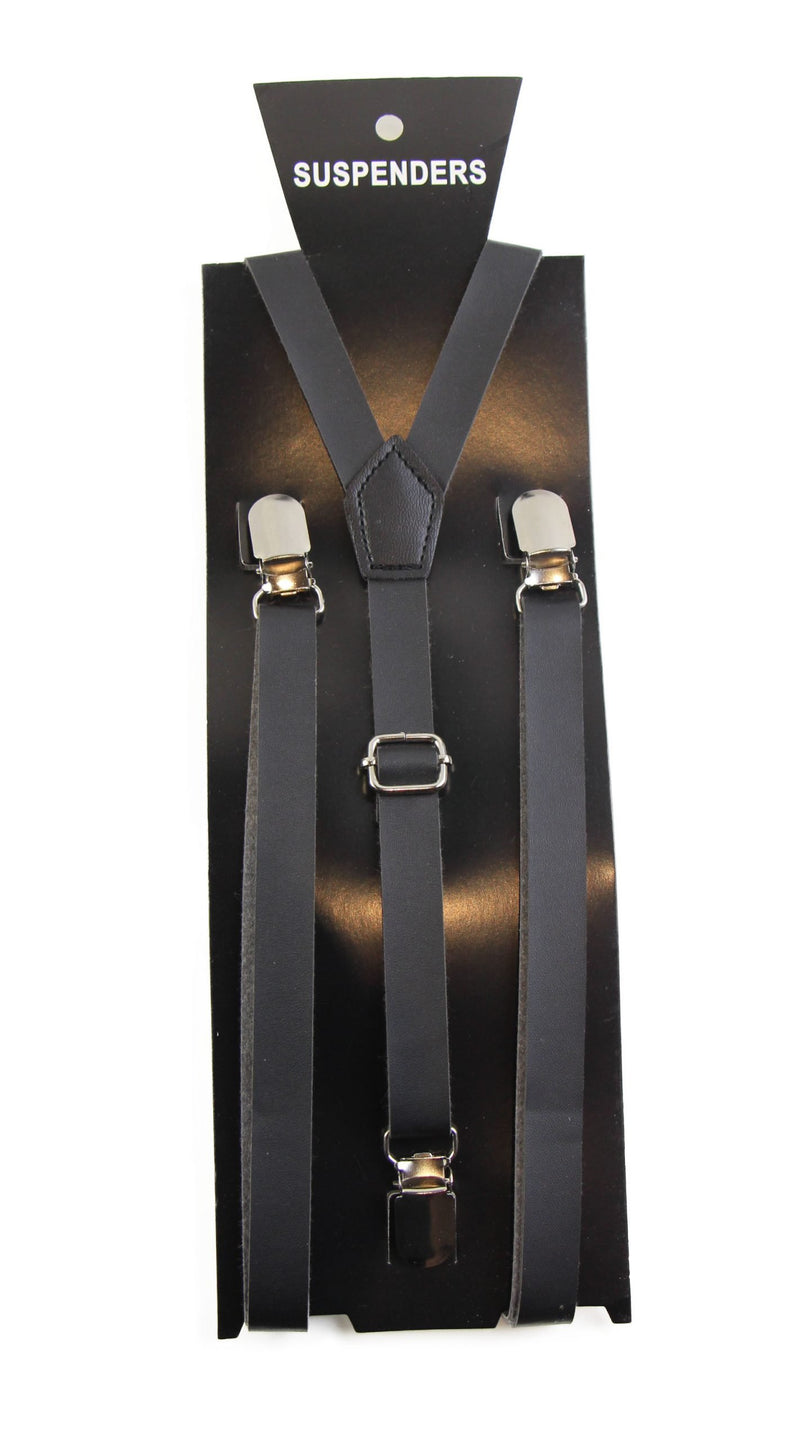 Boys Adjustable Faux Leather Thin Black Suspenders