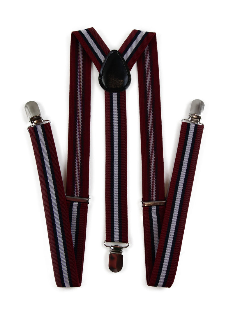 Mens Adjustable Maroon, Navy & White Striped Patterned Suspenders
