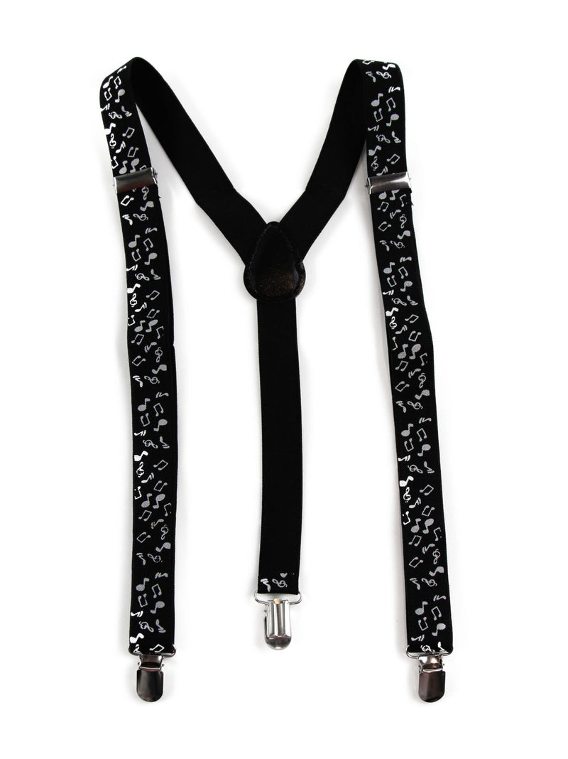 Mens Adjustable Black With White Music Notes Patterned Suspenders