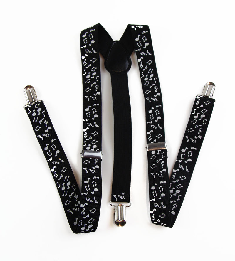 Mens Adjustable Black With White Music Notes Patterned Suspenders