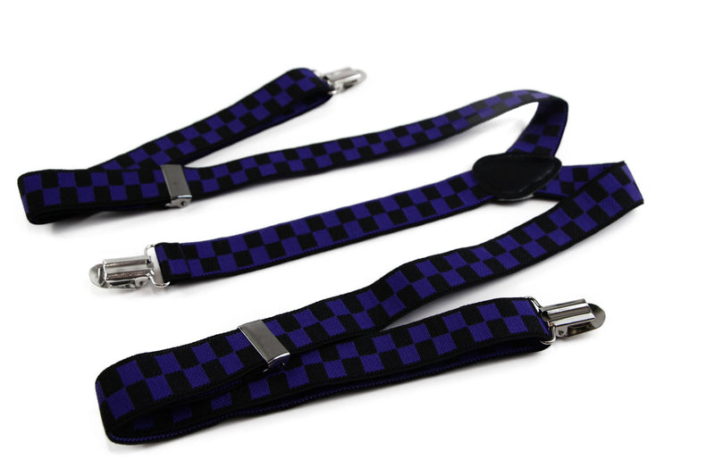 Mens Adjustable Black & Dark Purple Checkered Patterned Suspenders