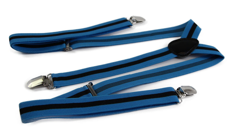 Mens Adjustable Light Blue & Black Striped Patterned Suspenders