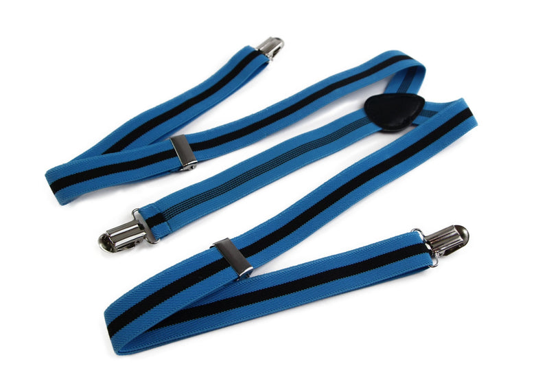 Mens Adjustable Light Blue & Black Striped Patterned Suspenders