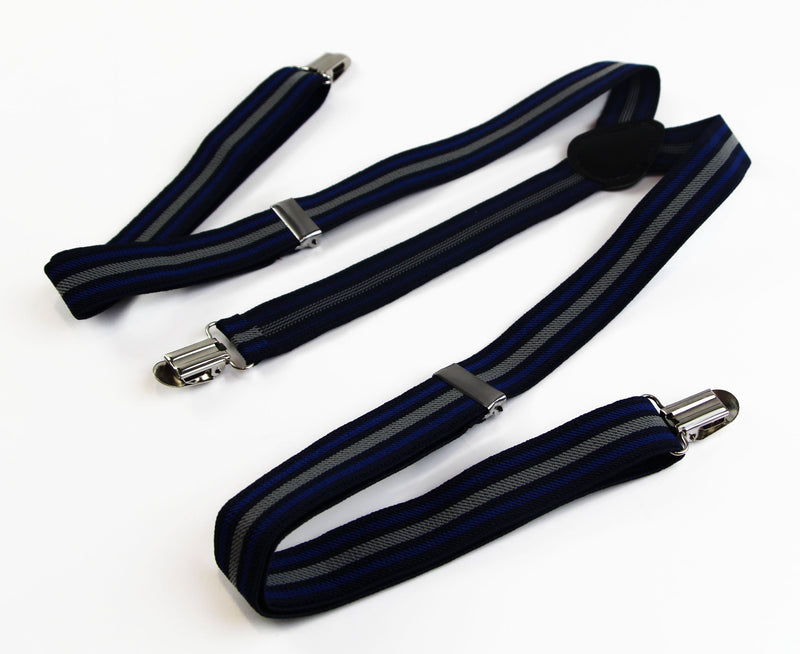 Mens Adjustable Black, Navy & Grey Striped Patterned Suspenders