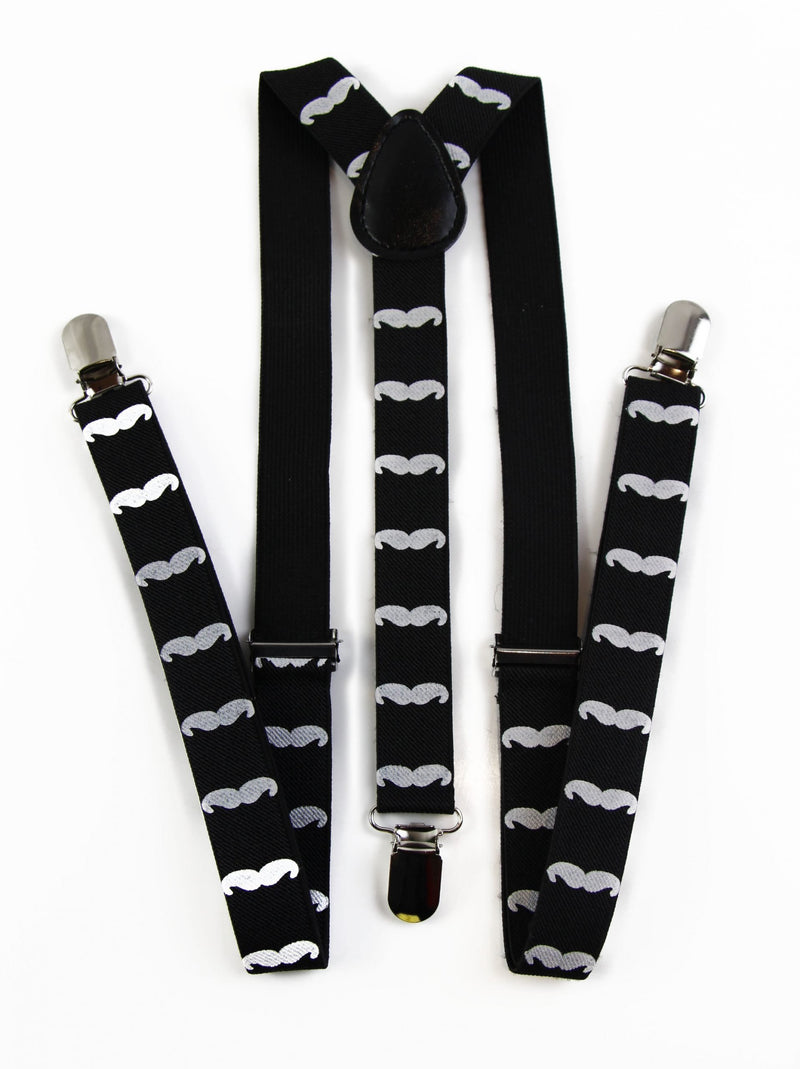 Mens Adjustable Black With White Moustaches Patterned Suspenders