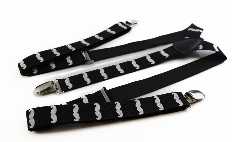 Mens Adjustable Black With White Moustaches Patterned Suspenders