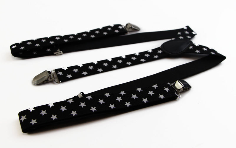 Mens Adjustable Black With White Stars Patterned Suspenders