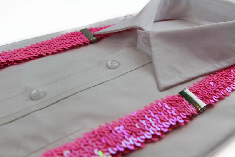 Adjustable 100cm Fluro Pink Mens & Womens Sequin Suspenders
