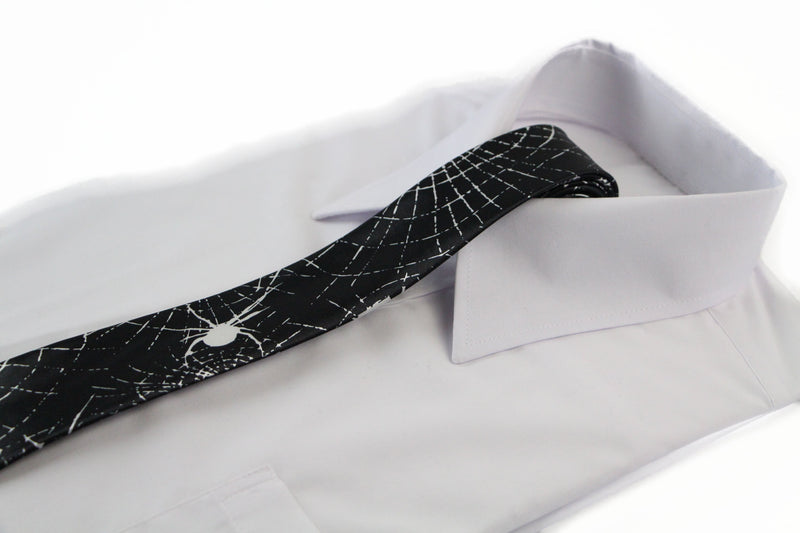 Mens Black & White Spider Web 5cm Skinny Neck Tie
