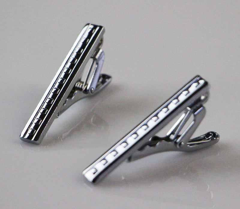Mens Silver Line And Squares Pattern Tie Clip Clasp
