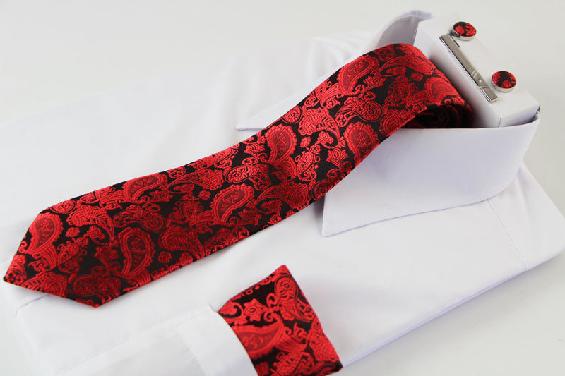 Mens Red & Black Boho Paisley Matching Neck Tie, Pocket Square, Cuff Links And Tie Clip Set