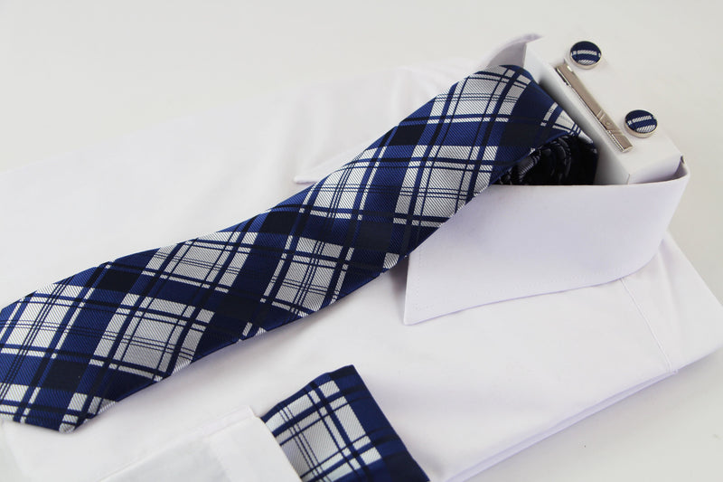 Mens Navy & Silver Checkered Matching Neck Tie, Pocket Square, Cuff Links And Tie Clip Set