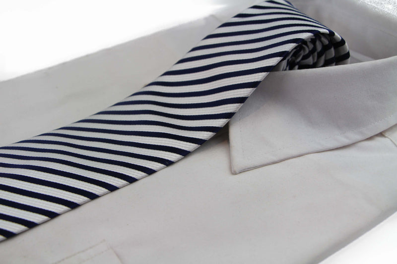 Mens White & Navy Striped 8cm Patterned Neck Tie