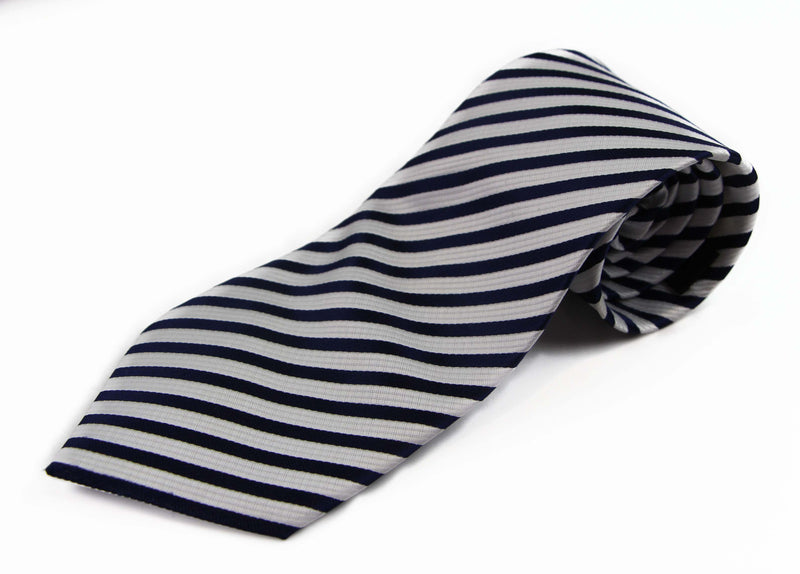 Mens White & Navy Striped 8cm Patterned Neck Tie