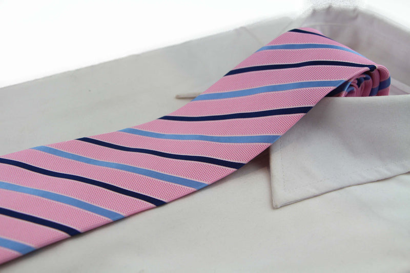 Mens Pink & Blue Striped 8cm Patterned Neck Tie