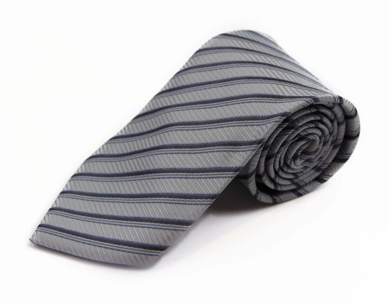 Mens Silver & Dark Grey Striped 8cm Patterned Neck Tie