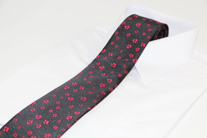 Mens Black  & Dark Red Flower Patterned 8cm Neck Tie