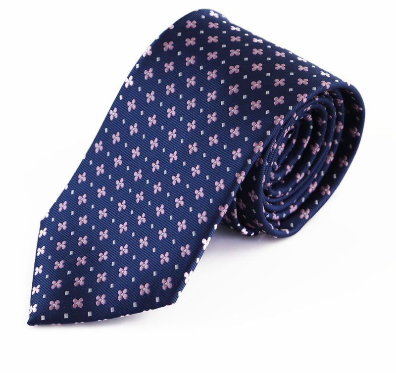 Mens Navy With Light Pink Flower Patterned 8cm Neck Tie