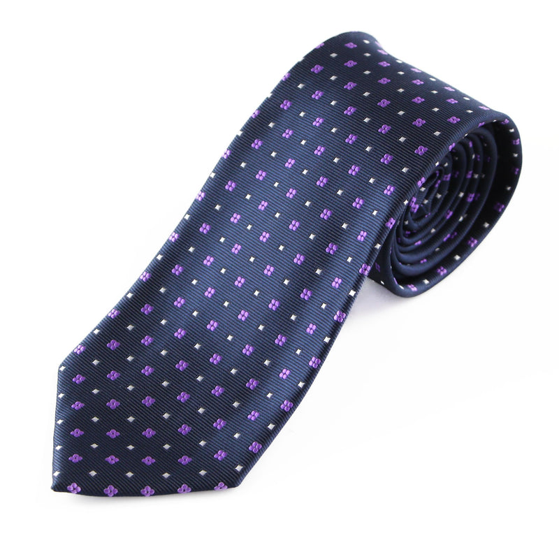 Mens Navy With Purple Flowers & Silver Dots Patterned 8cm Neck Tie