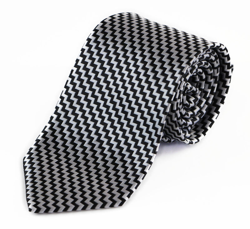 Mens Black & Silver Zig Zag Patterned 8cm Neck Tie
