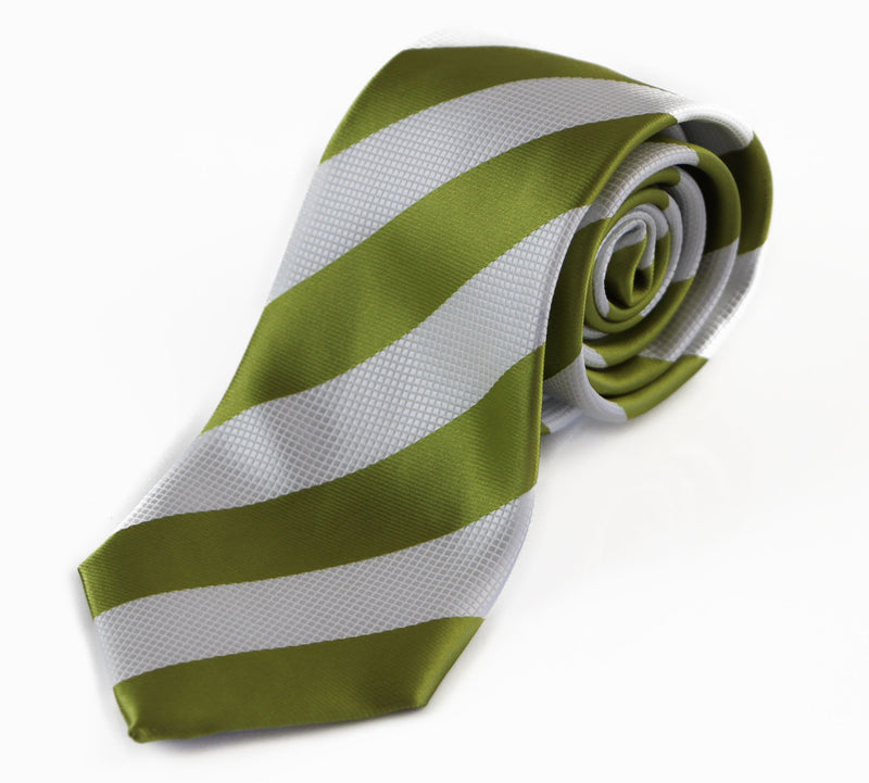 Mens Olive Green & White Thick Striped Patterned 8cm Neck Tie