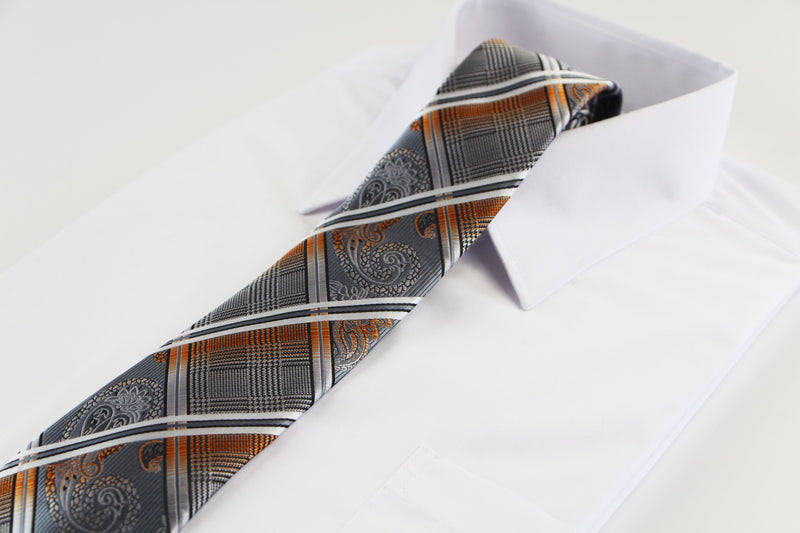 Mens Silver, Black & Orange Patterned 8cm Neck Tie