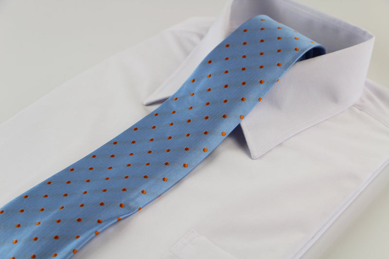 Mens Baby Blue & Orange Mini Polka Dot Patterned 8cm Neck Tie