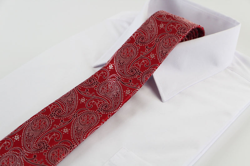 Mens Red & Silver Paisley Patterned 8cm Neck Tie