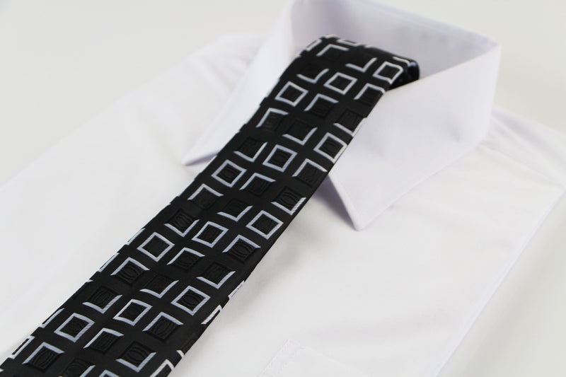 Mens Black & Silver Square Box Patterned 8cm Neck Tie