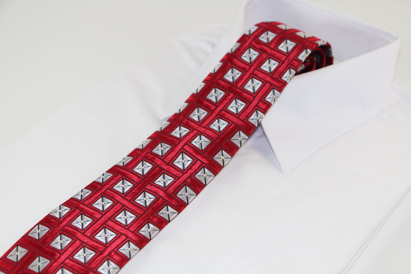 Mens Red With Silver Squares Patterned 8cm Neck Tie