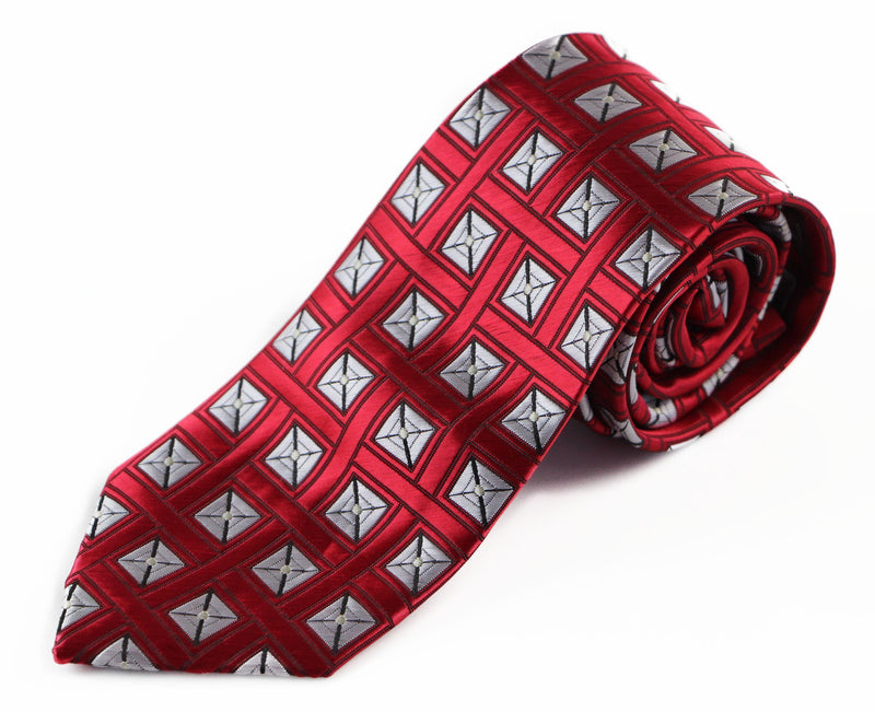 Mens Red With Silver Squares Patterned 8cm Neck Tie
