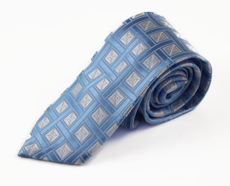 Mens Light Blue With Silver Squares Patterned 8cm Neck Tie