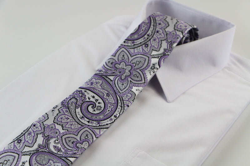 Mens Silver & Light Purple Boho Paisley Patterned 8cm Neck Tie