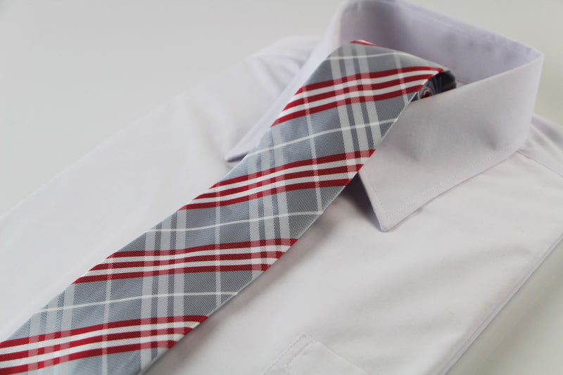 Mens Silver & Red Plaid Striped Patterned 8cm Neck Tie