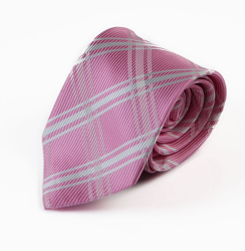 Mens Light Pink & White Plaid Striped Patterned 8cm Neck Tie