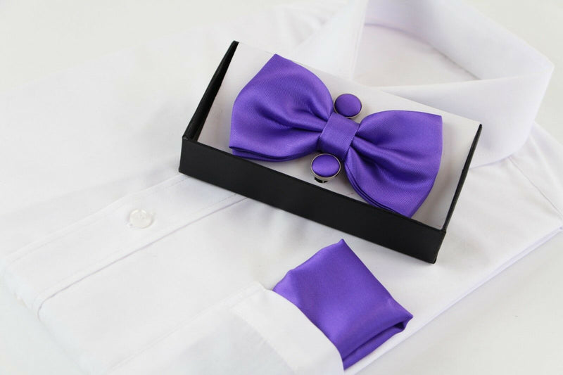 Mens Purple Matching Bow Tie, Pocket Square & Cuff Links Set