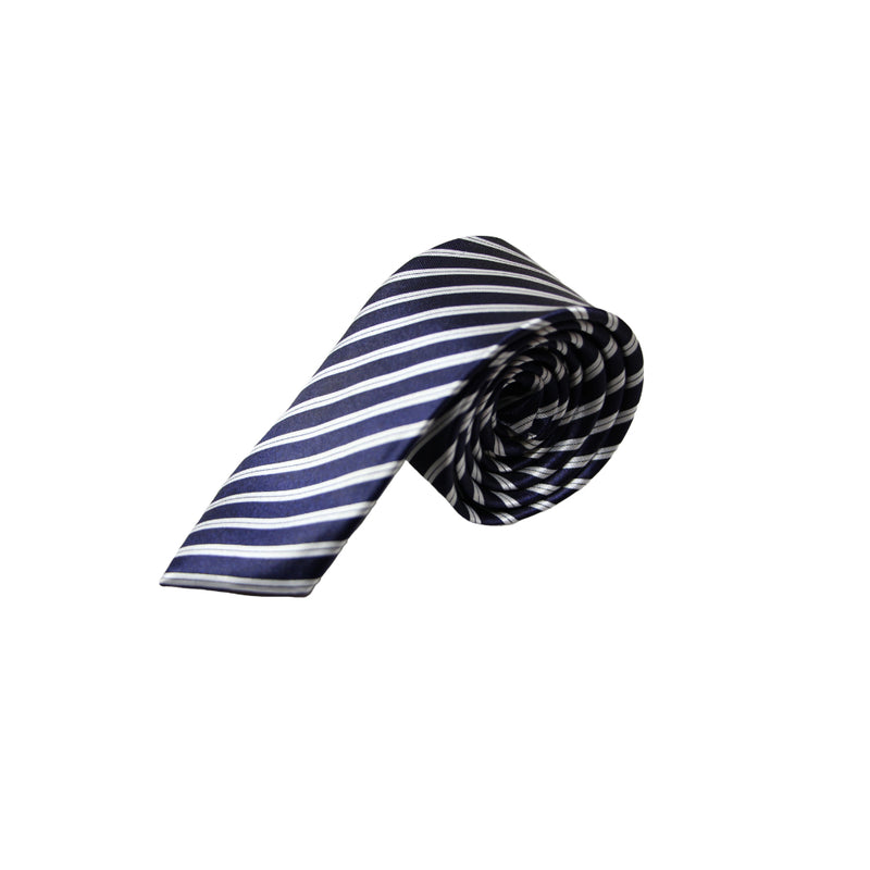 Mens Navy, White & Black Striped 5cm Skinny Neck Tie