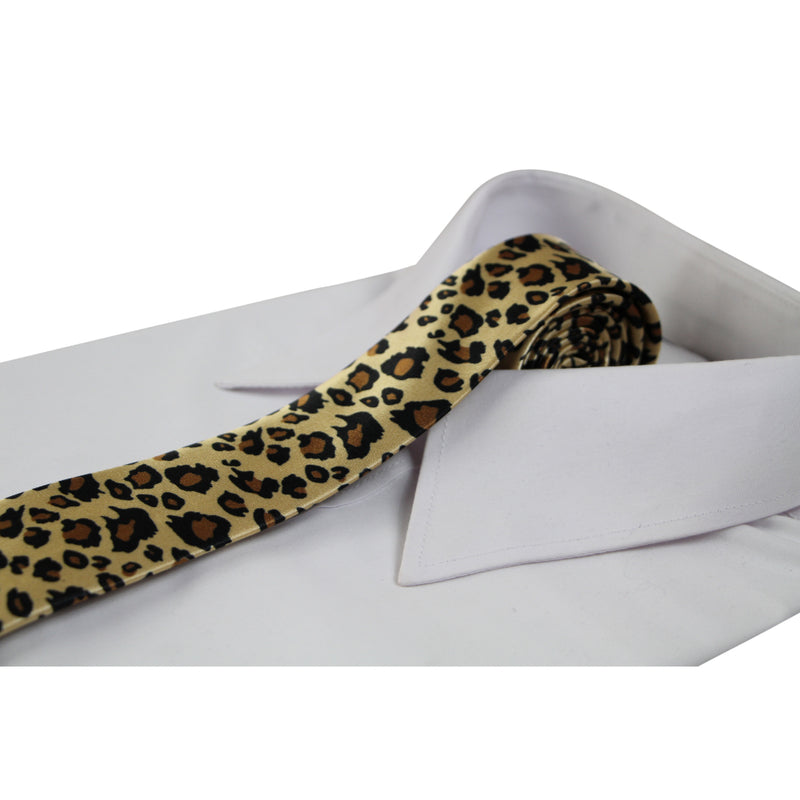 Mens Gold Leopard Print 5cm Skinny Neck Tie