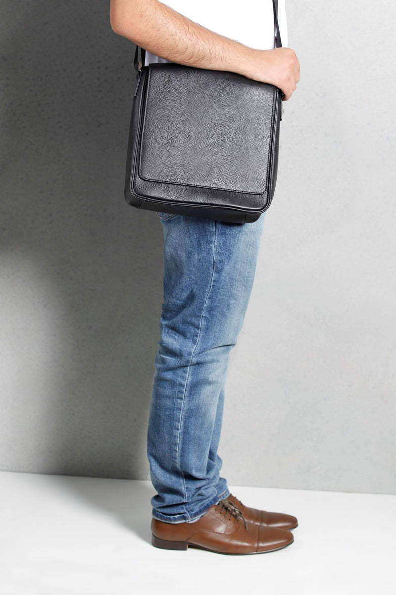 Unisex Vky Mateo Leather Messenger Shoulder Bag Handbag - Black