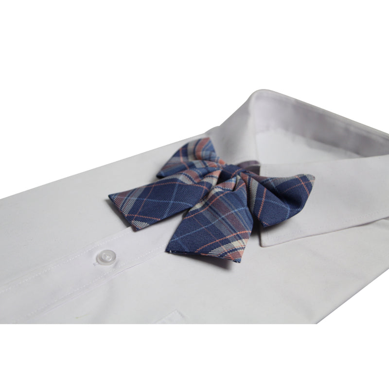 Womens Blue & Salmon Tarten Patterned Shirt Collar Bow Tie